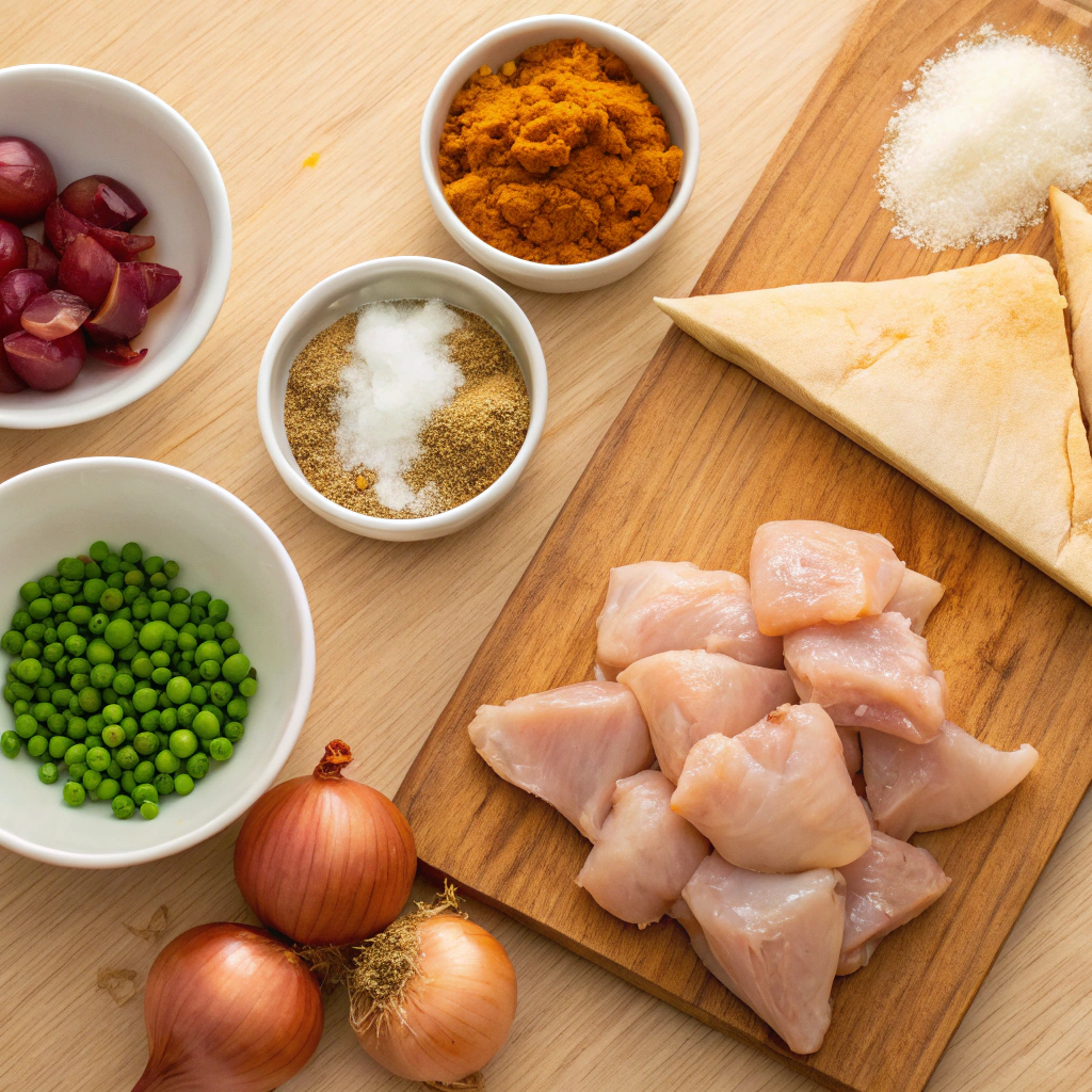 All ingredients needed for easy Chicken Samosas arranged on a wooden kitchen countertop.