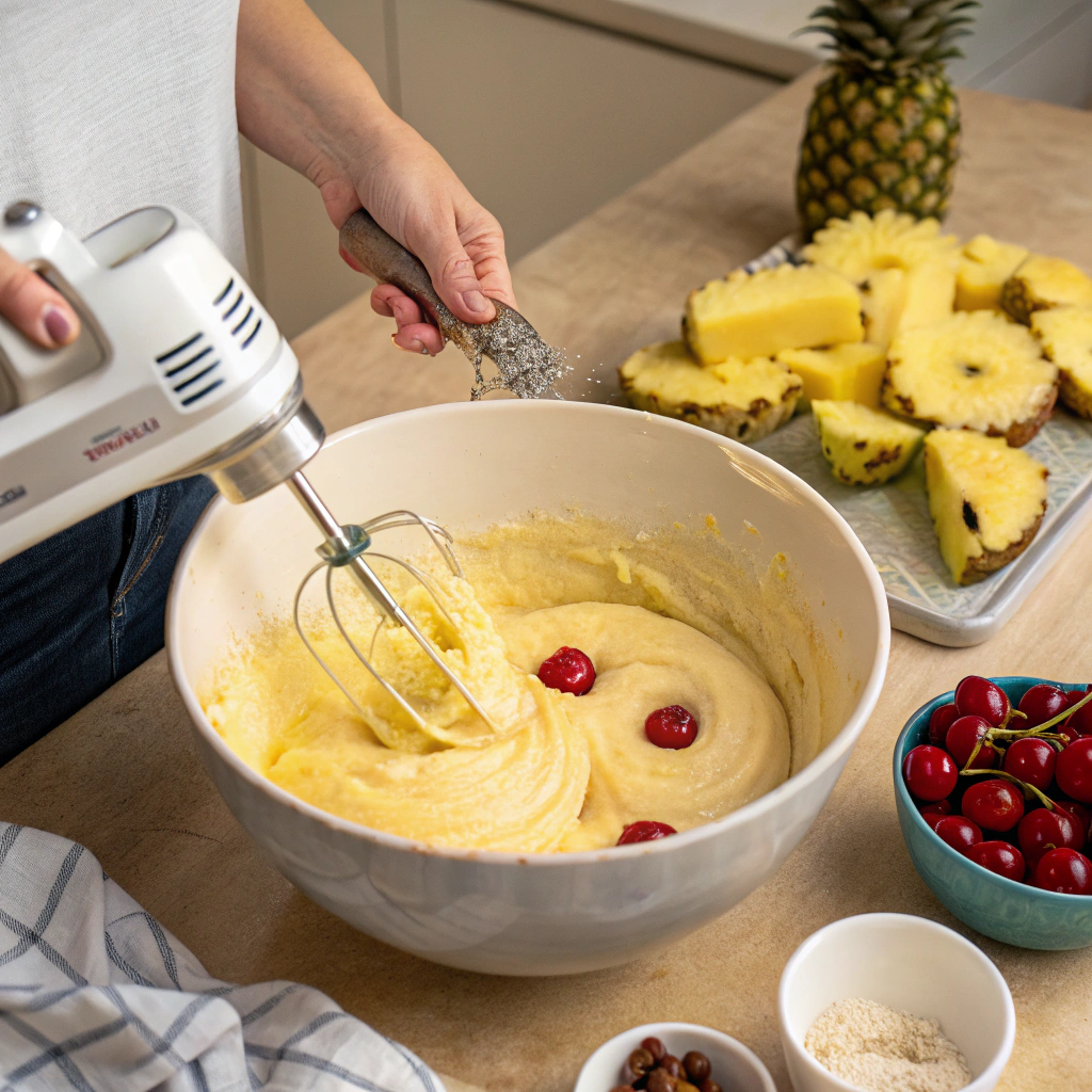 Mixing batter for pineapple upside down cake in a mixing bowl. pineapple upside down cake recipe