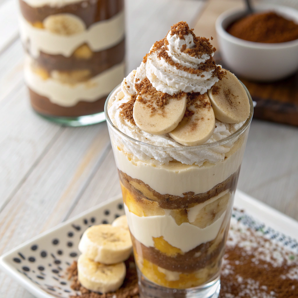 Banoffee pie parfait layered with bananas, dulce de leche, and whipped cream, scrumptious creamy spoon desserts