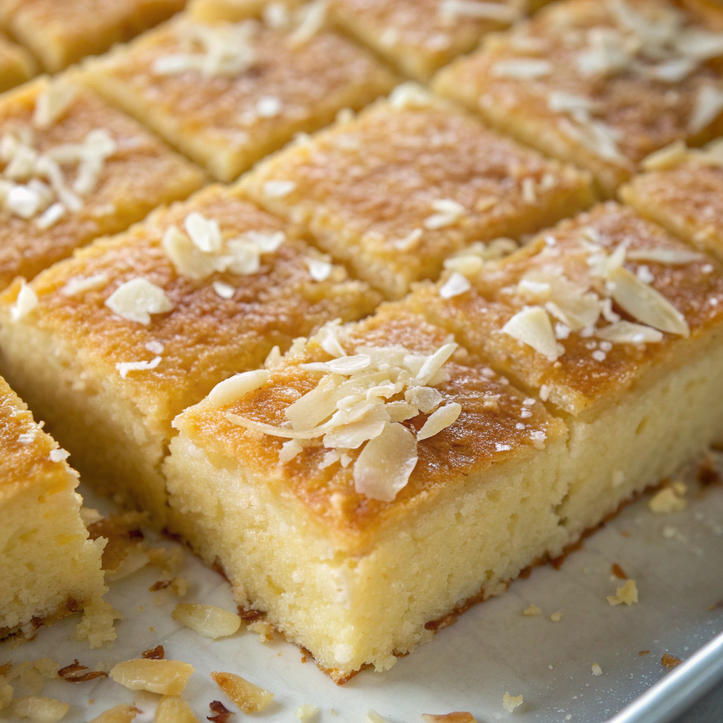 Close-up of Coconut Basbousa showing its moist texture and coconut flakes.