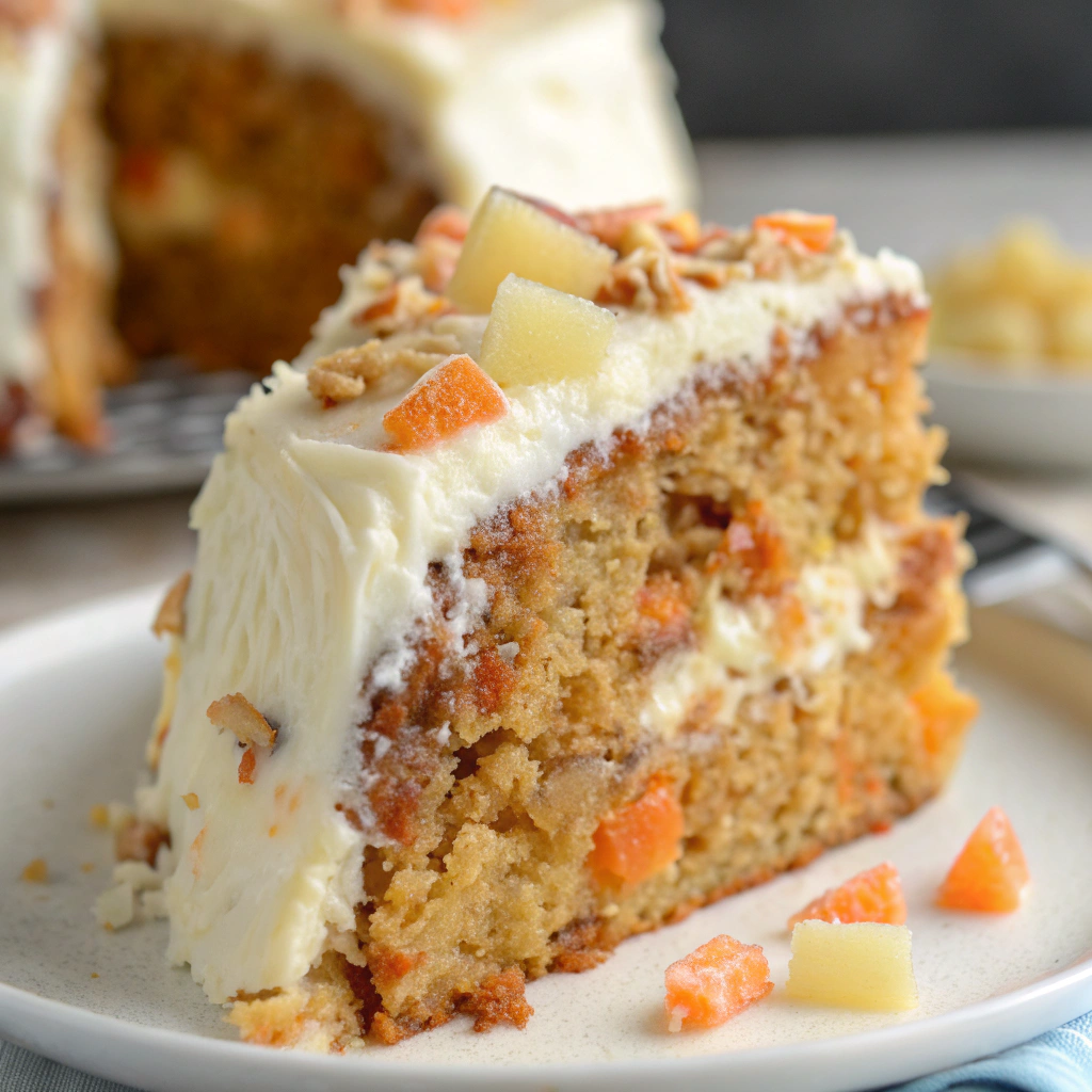 Sliced Hawaiian Carrot Pineapple Cake served on a white plate with frosting