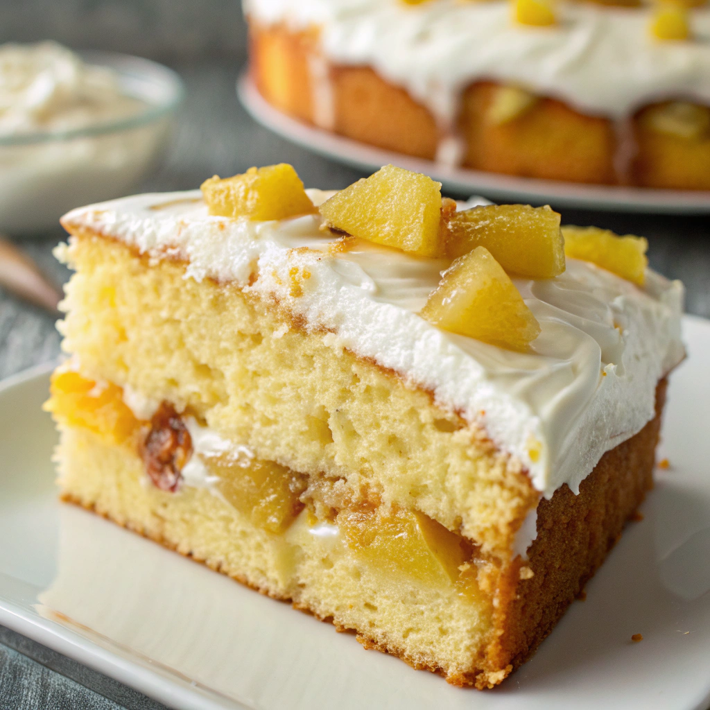 Close-up of a slice of Moist Pineapple Cake with frosting