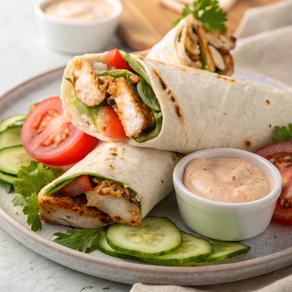 Chicken Shawarma Wraps served on a plate with fresh vegetables and sauces.