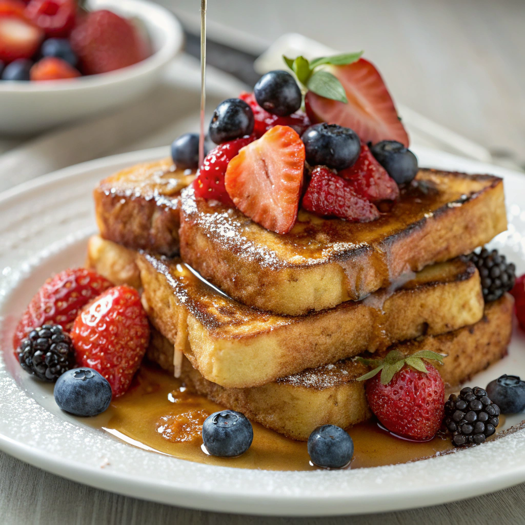 Classic French Toast topped with maple syrup and fresh berries.For Mother’s Day Brunch