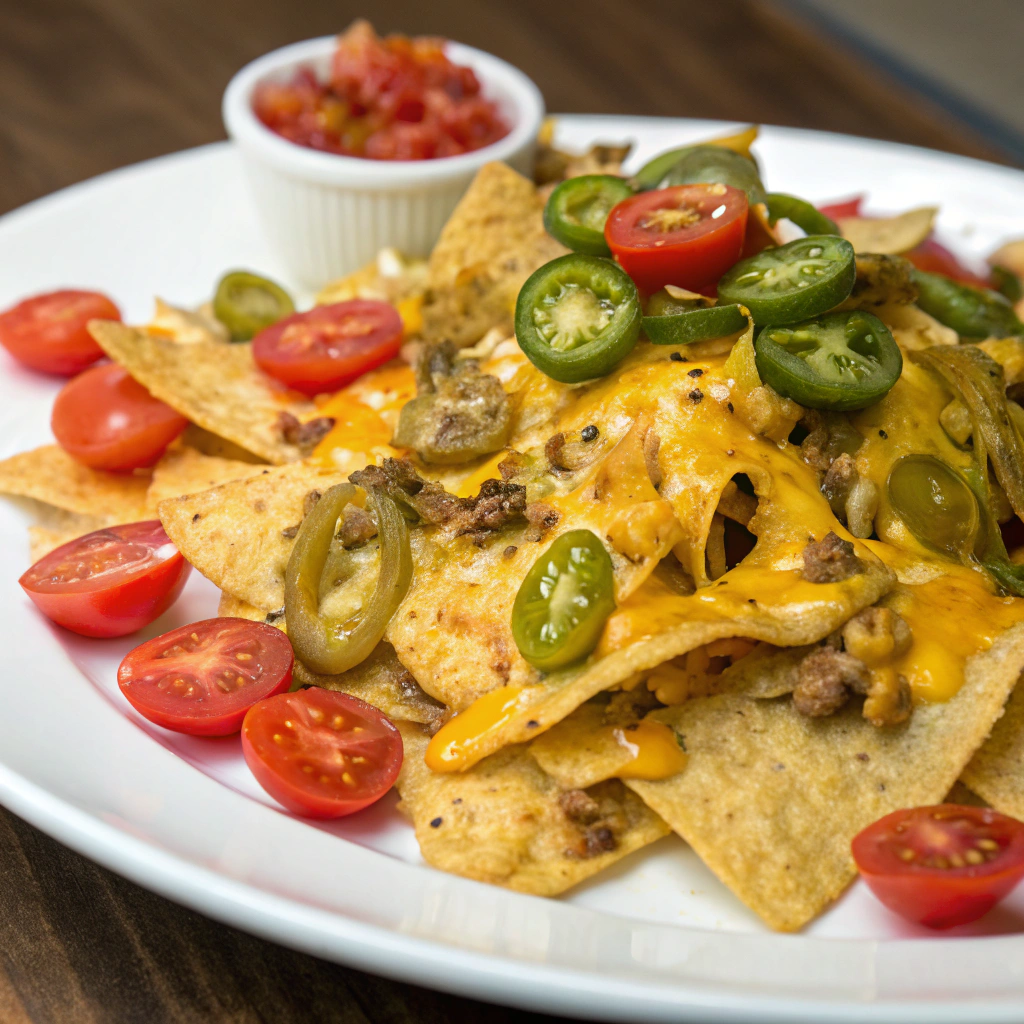 Classic nachos topped with melted cheese, jalapeños, and fresh tomatoes.Beach snacks