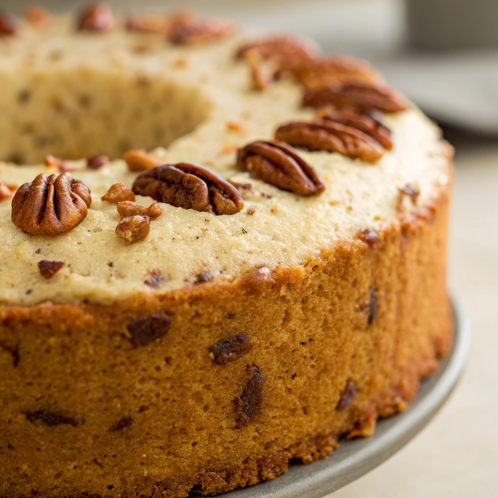 Close-up of butter pecan cake showcasing its moist texture
