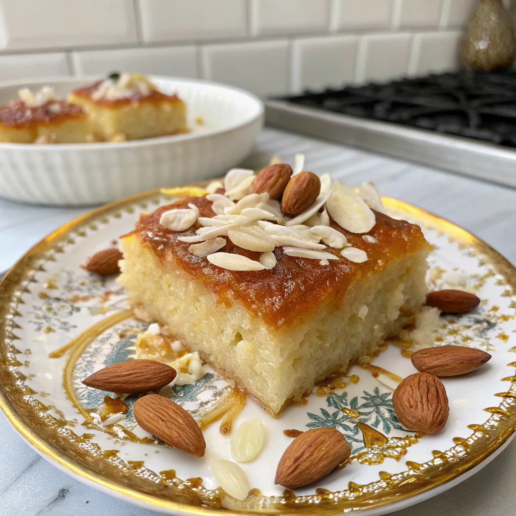 Coconut Basbousa served on a decorative plate garnished with almonds and coconut flakes