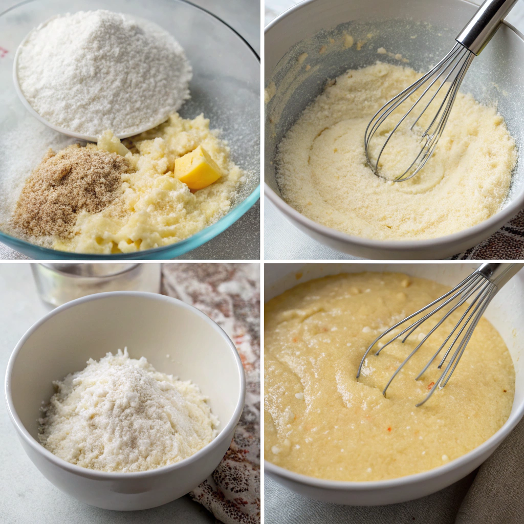 Step-by-step preparation of Coconut Basbousa batter in a mixing bowl.