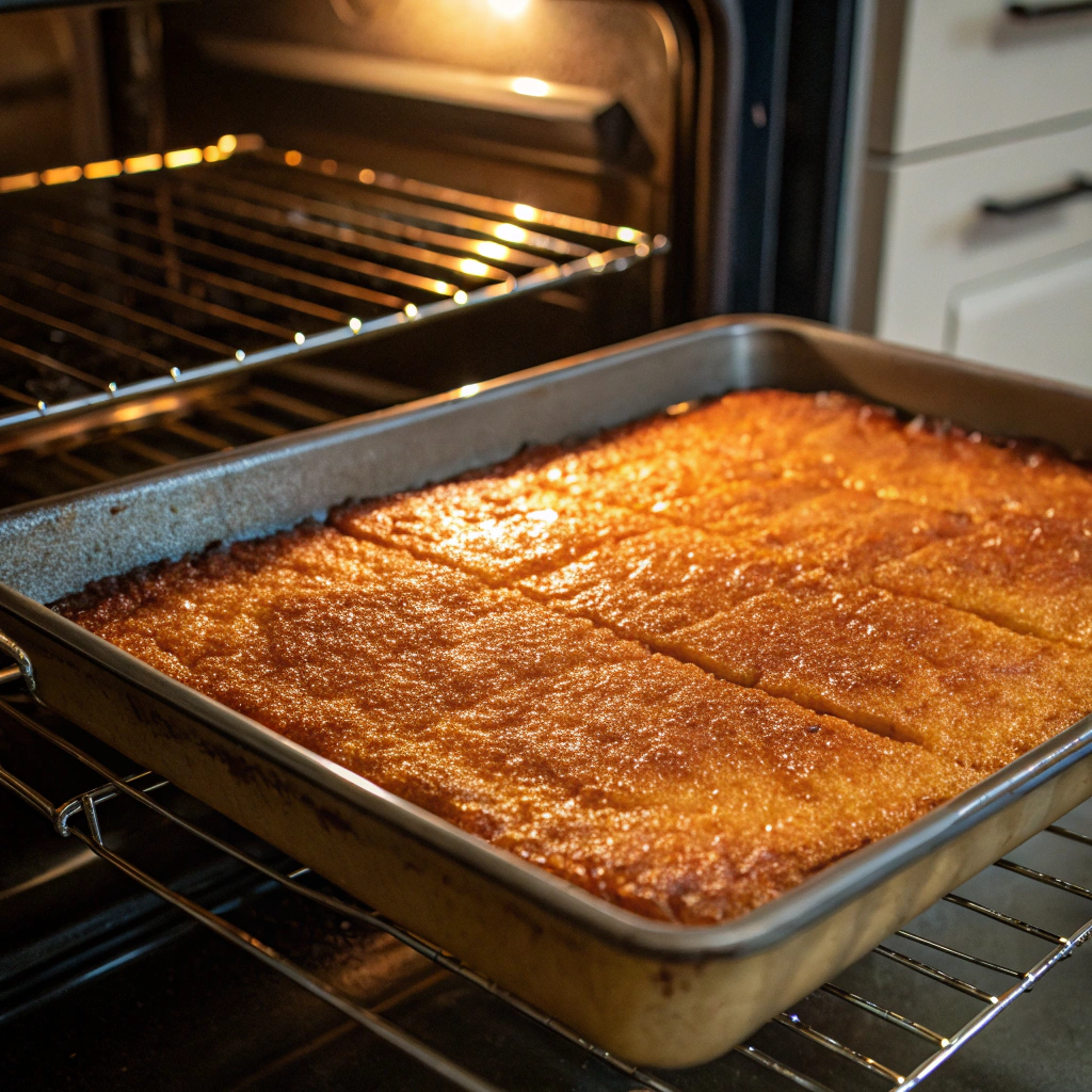 Coconut Basbousa baking in the oven until golden brown.