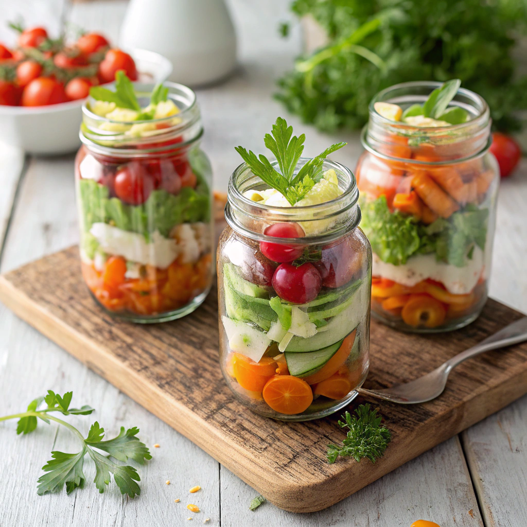 Spring Salad Recipes served in mini mason jars for easy eating.