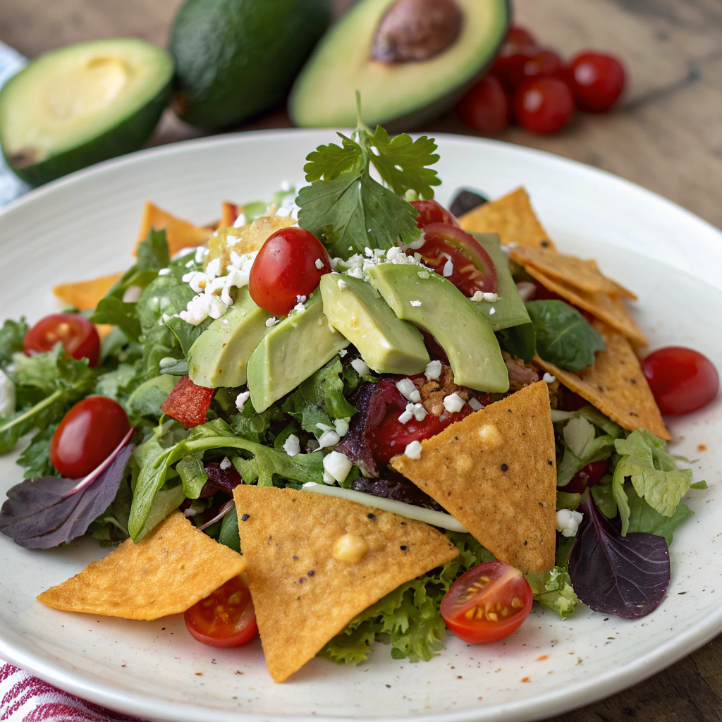 Colorful tortilla chip salad with mixed greens and fresh toppings.Beach snacks