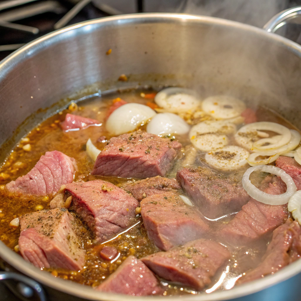 Cooking corned beef in a large pot with onions and spices