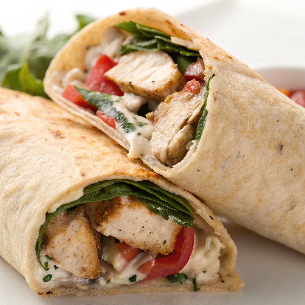 Close-up of a Chicken Shawarma Wrap cut in half to reveal filling.