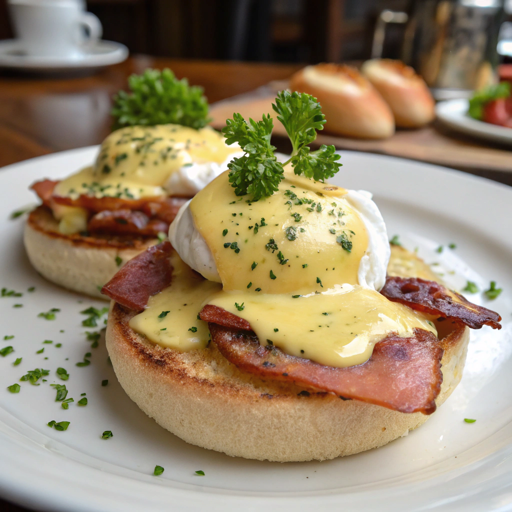 Delicious Classic Eggs Benedict topped with hollandaise sauce and garnished with parsley.