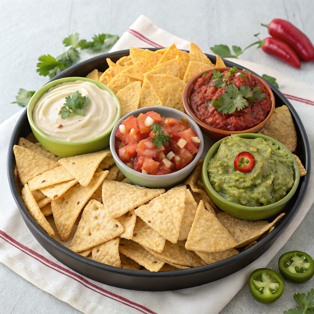 Fiesta tortilla chip platter with dips and fresh toppings.Beach snacks