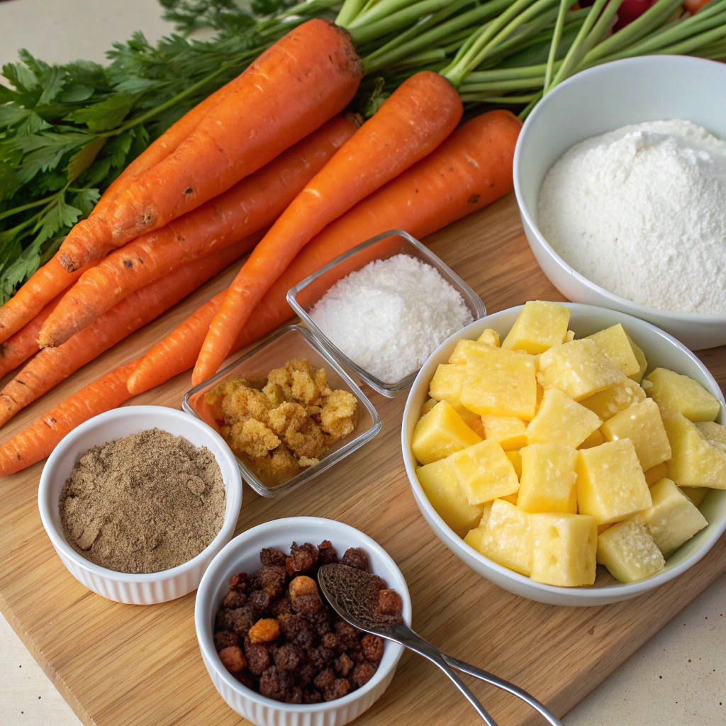 Fresh ingredients for Hawaiian Carrot Pineapple Cake including carrots, pineapple, spices, and flour