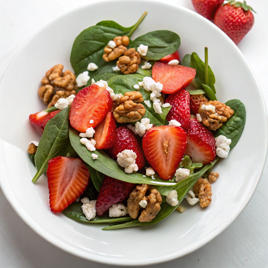 Fresh Strawberry and Spinach Salad with walnuts and feta cheese