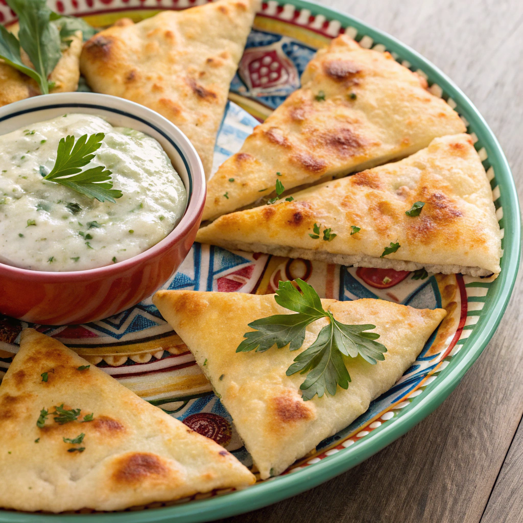 Cheese Fatayer served on a plate with herbs and dips