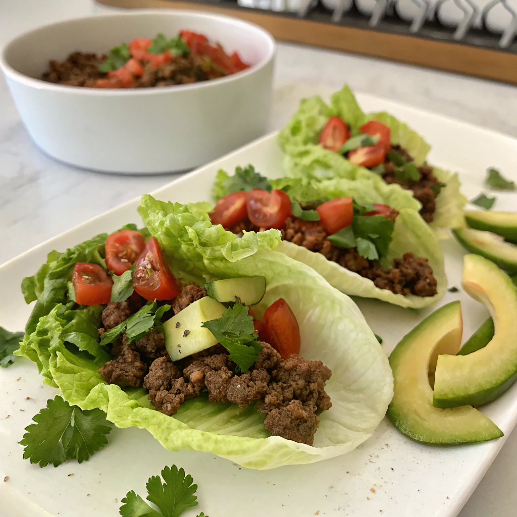 Healthy beef tacos made with lean ground beef and served in lettuce wraps, showcasing healthy ground beef recipes.