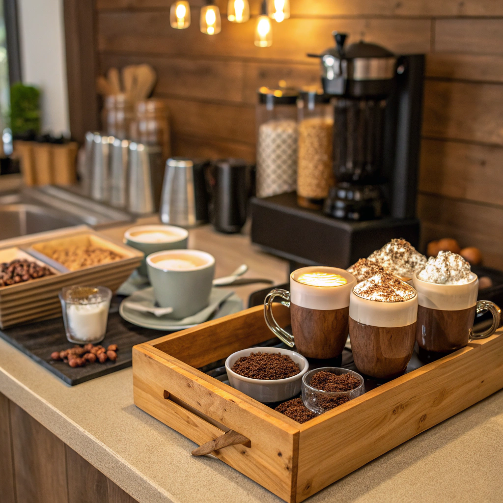 Inviting Coffee Bar with various coffee options and toppings.For Mother’s Day Brunch