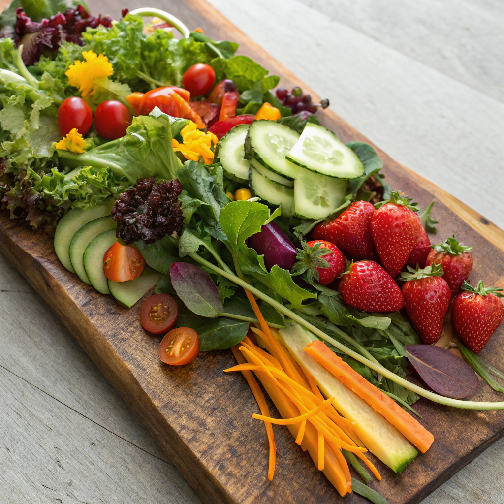 Homemade spring salad mix with fresh greens, colorful vegetables, and vibrant fruits.
