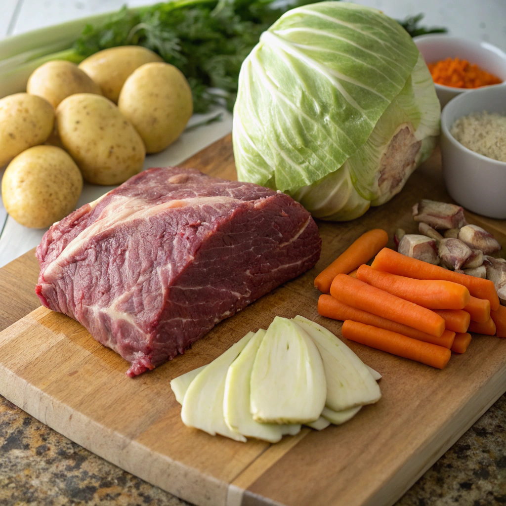 Ingredients for corned beef and cabbage including brisket, cabbage, carrots, and potatoes.