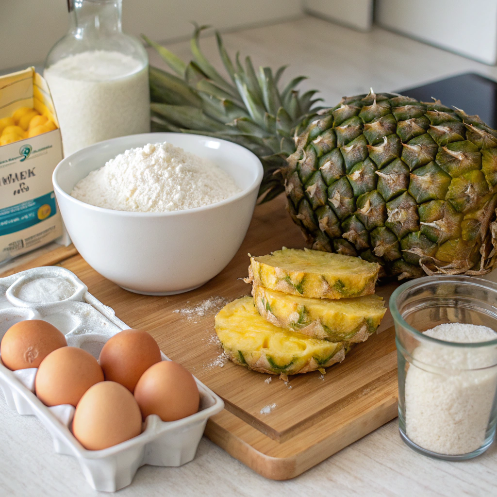Ingredients for Moist Pineapple Cake including ripe pineapple, flour, sugar, eggs, and baking powder