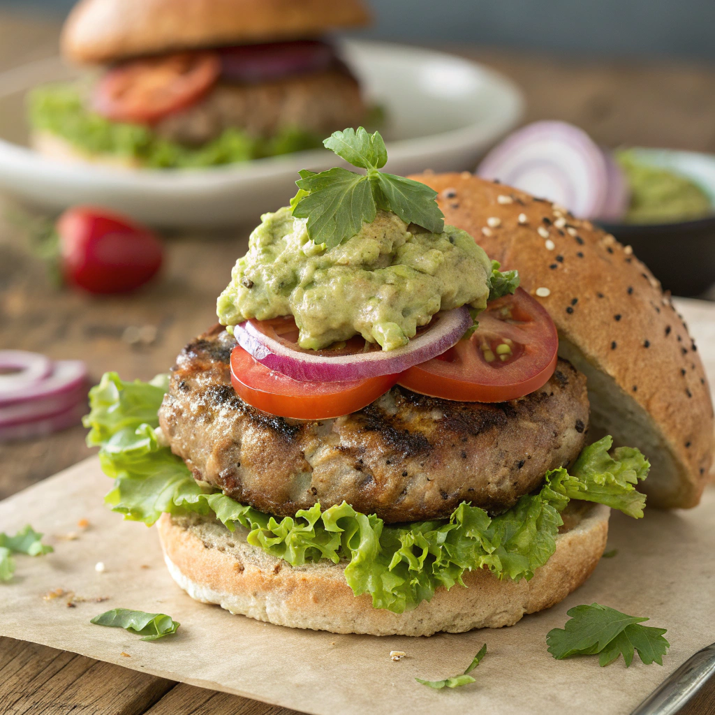 Juicy turkey and beef burger served on a whole-grain bun with fresh toppings, showcasing healthy ground beef recipes.