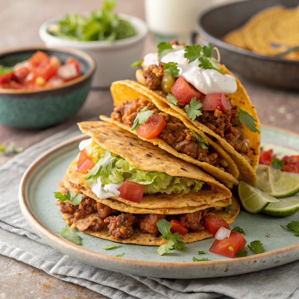 Loaded taco stacks with ground turkey, cheese, and fresh toppings.Beach snacks