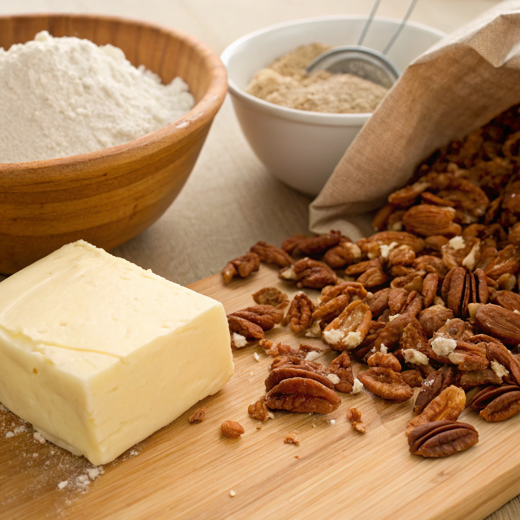 Ingredients for butter pecan cake including butter, pecans, and flour.