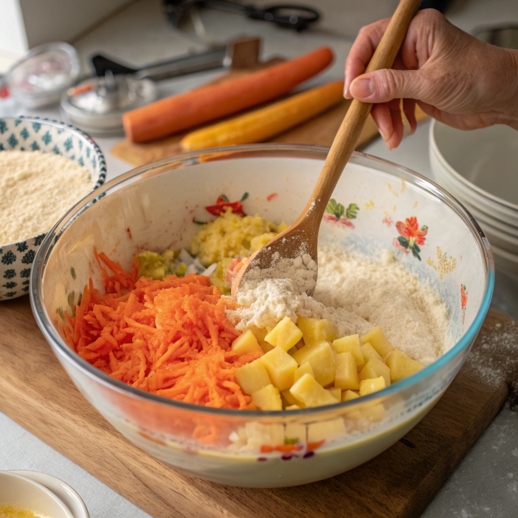 Mixing the batter for Hawaiian Carrot Pineapple Cake in a large mixing bowl.
