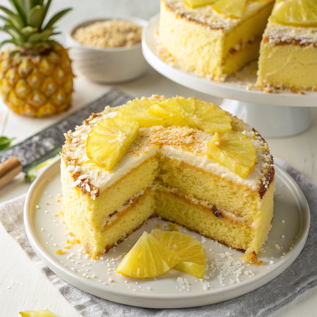 Moist Pineapple Cake served on a plate with a slice cut out