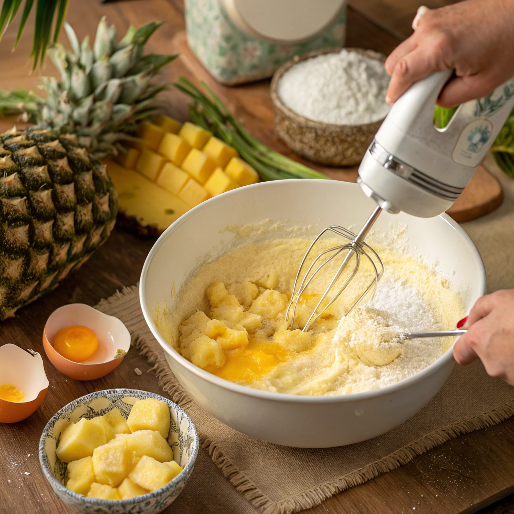 Mixing batter for Moist Pineapple Cake in a large bowl.