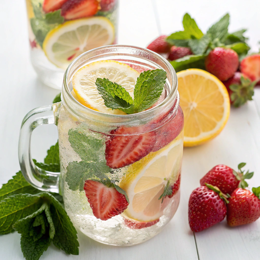 Refreshing Fruit-Infused Water with slices of lemon, strawberries, and mint.For Mother’s Day Brunch