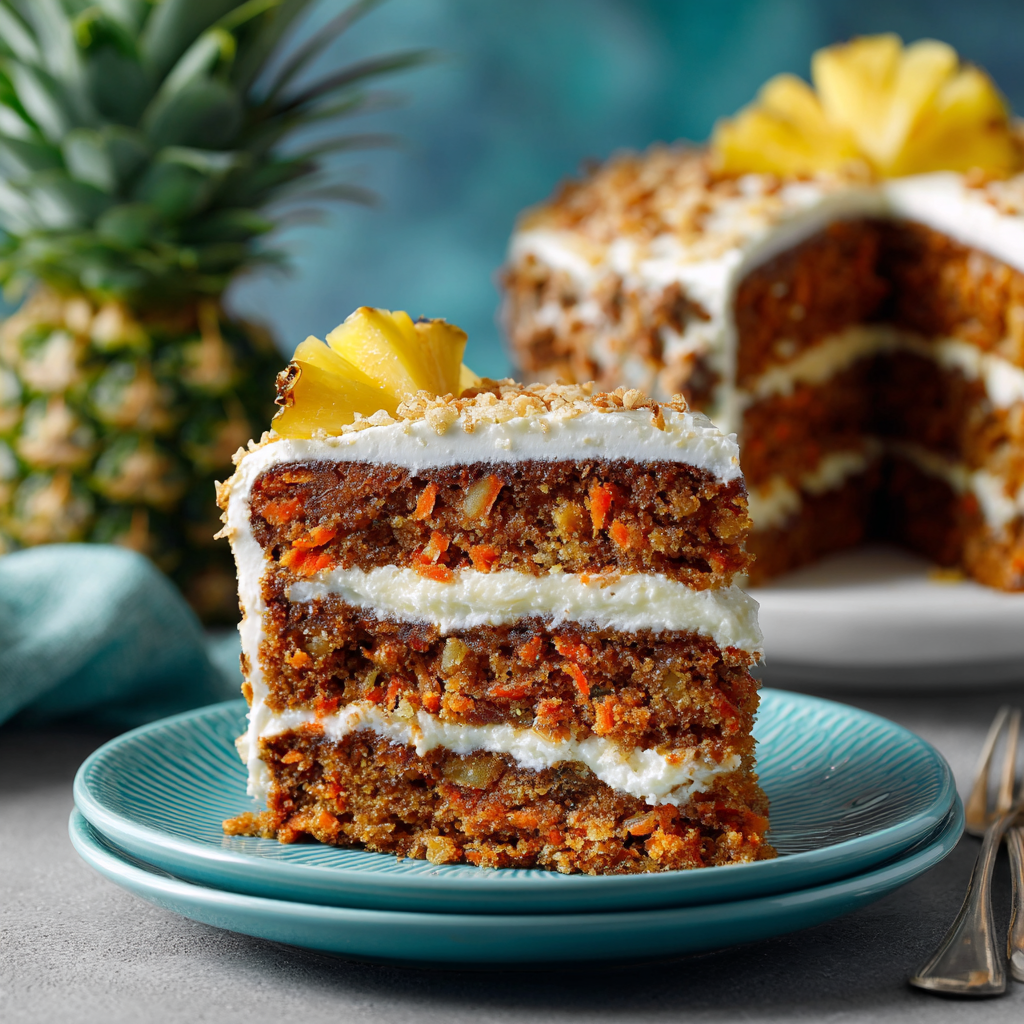 Close-up of a slice of Hawaiian Carrot Pineapple Cake showing texture and frosting.