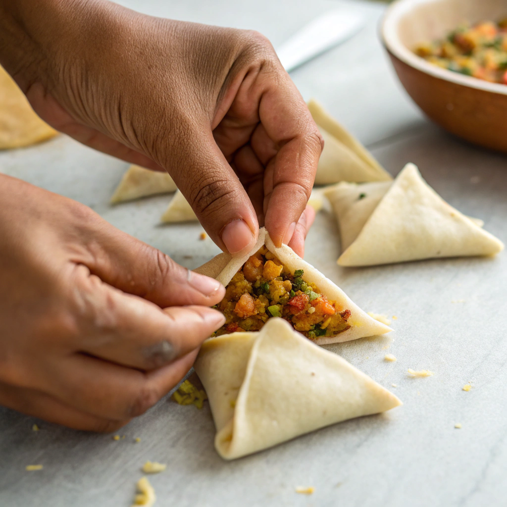A pair of hands folding samosa dough with filling inside