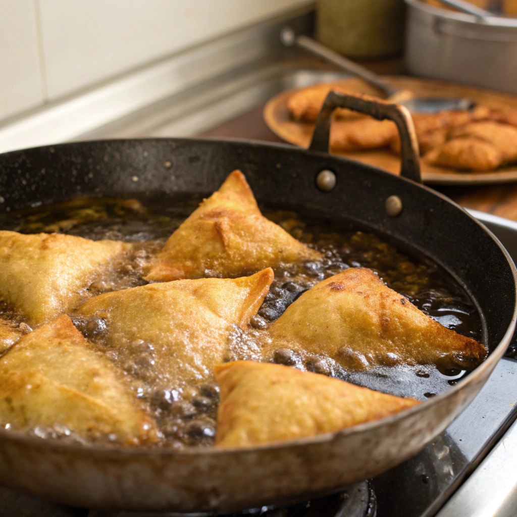 Samosas frying in hot oil in a deep pan.