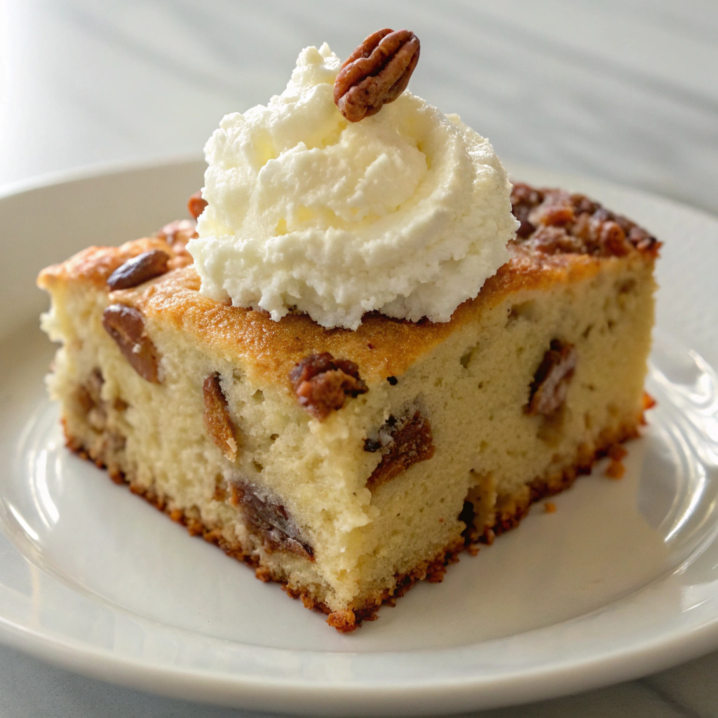 Slice of butter pecan cake served with whipped cream.