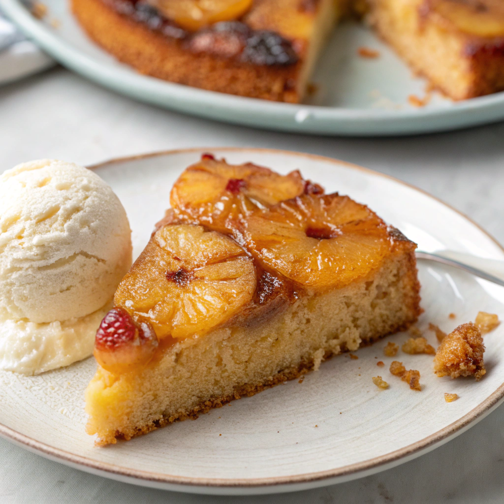 Slice of pineapple upside down cake served on a plate with a scoop of ice cream.pineapple upside down cake recipe