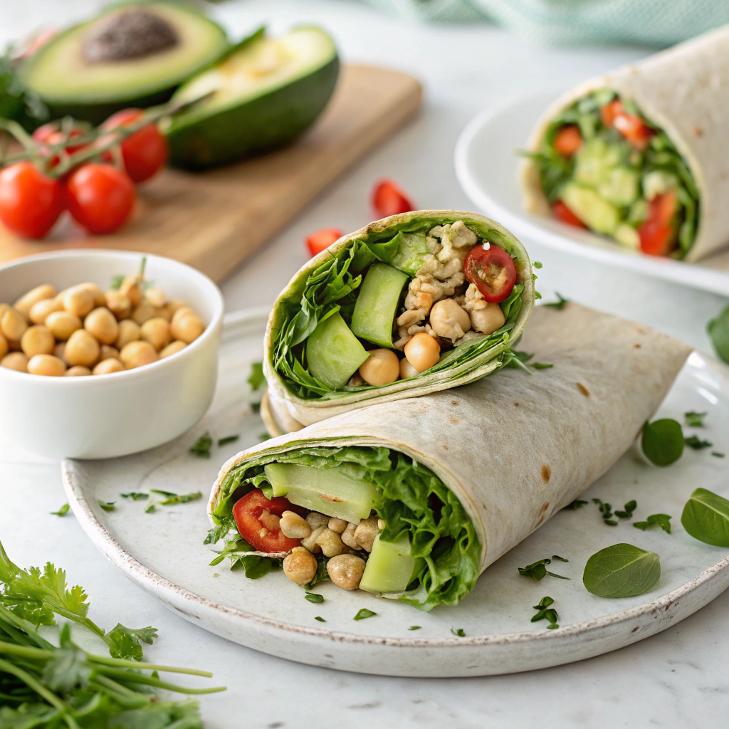 Spring Salad Recipes in delicious wrap form with avocado and chickpeas.