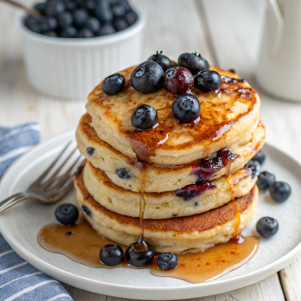 Stack of fluffy Blueberry Pancakes with syrup and blueberries.For Mother’s Day Brunch