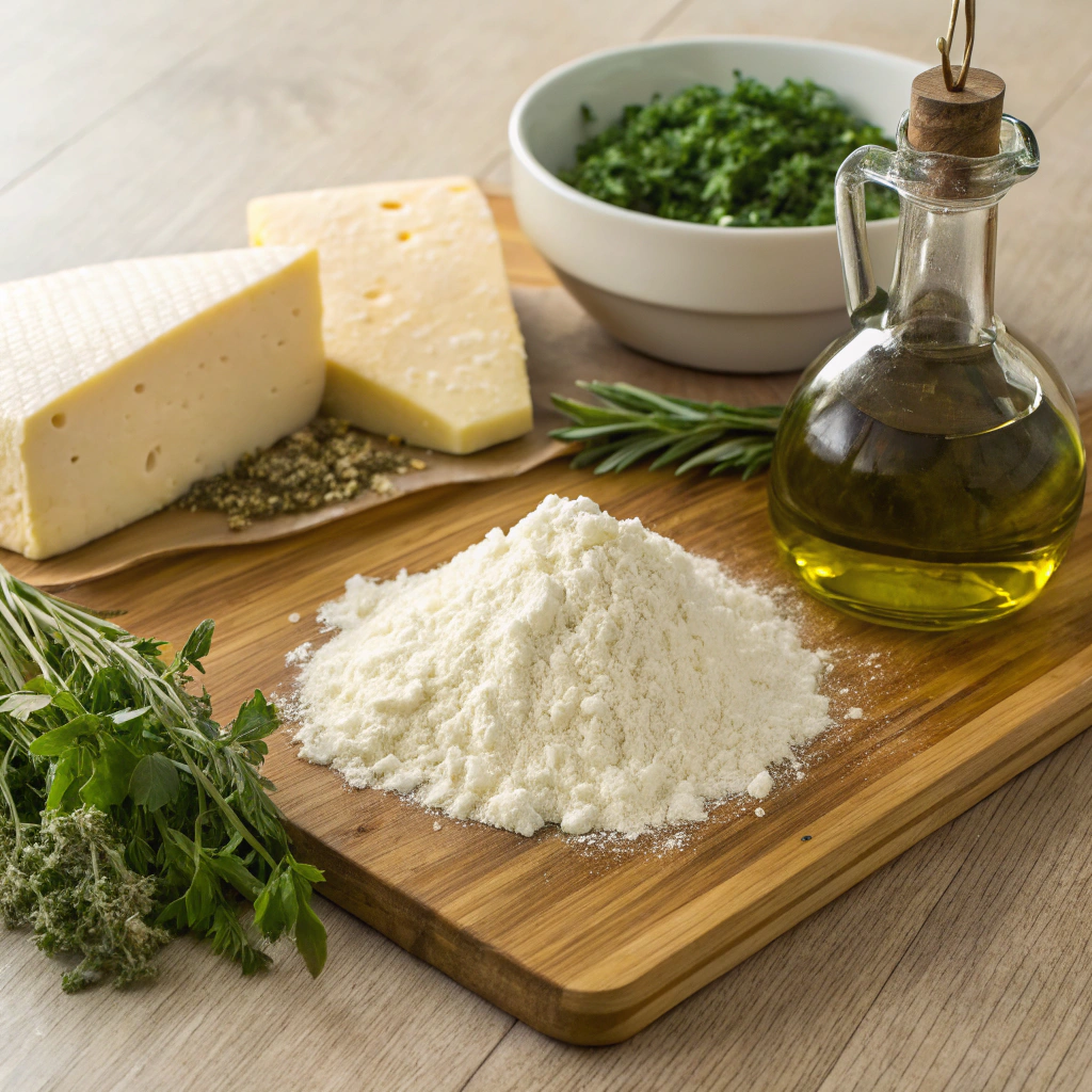 Ingredients for Cheese Fatayer including flour, cheese, herbs, and olive oil.