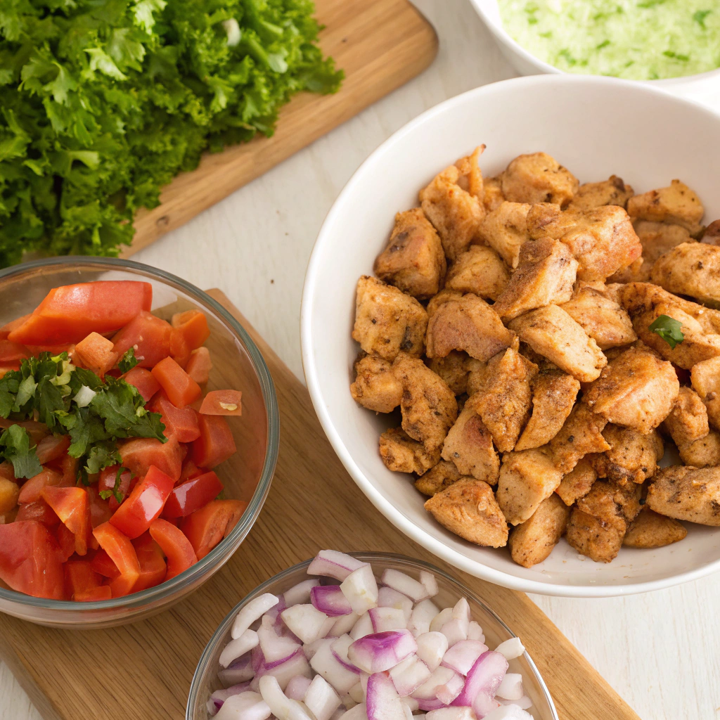 Step-by-step preparation of Chicken Shawarma, highlighting marinated chicken and fresh vegetables.