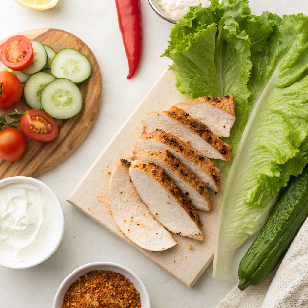 Ingredients for Chicken Shawarma Wraps, including chicken, spices, yogurt, and vegetables.