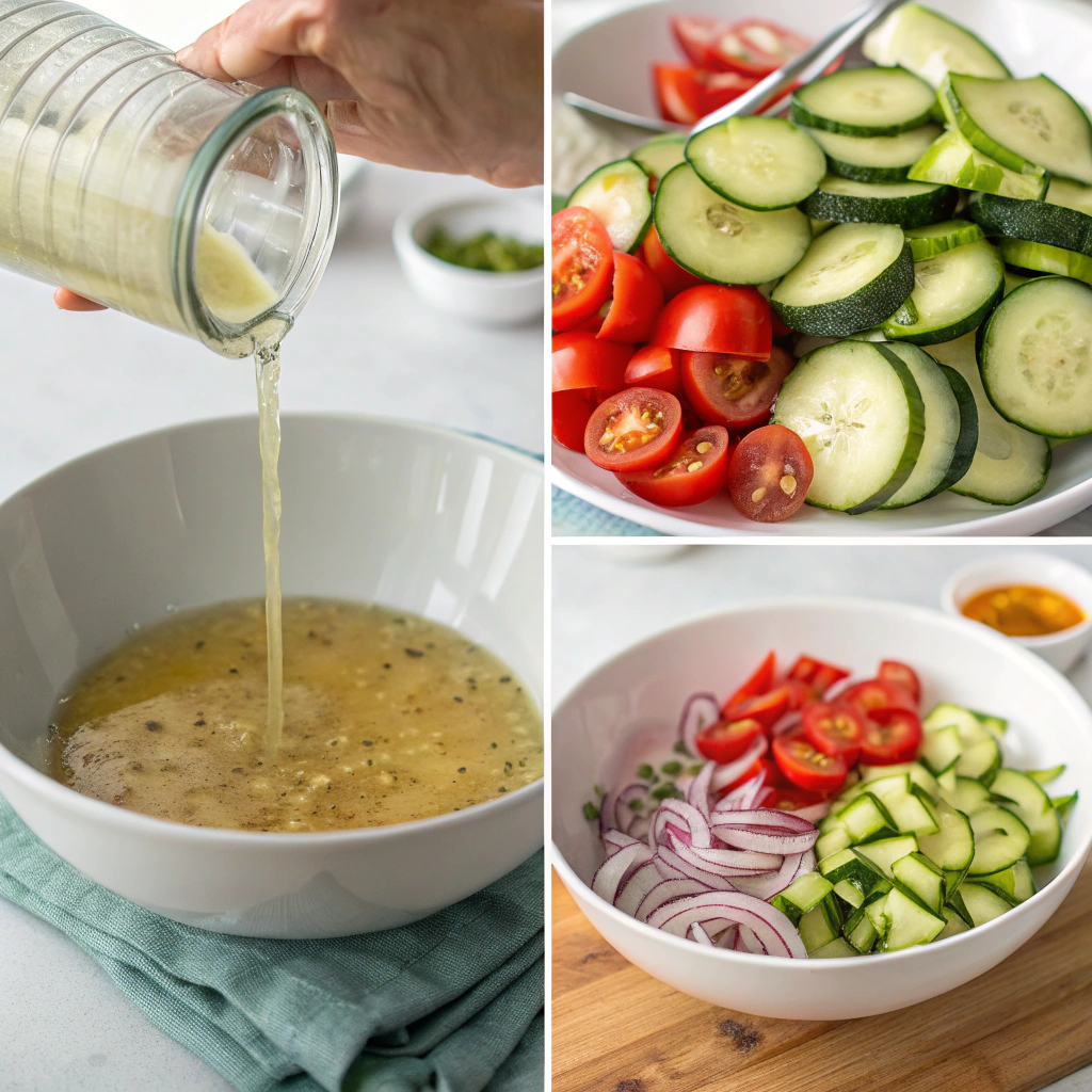Step-by-step preparation of cucumber salad with sliced vegetables and a bowl of dressing.