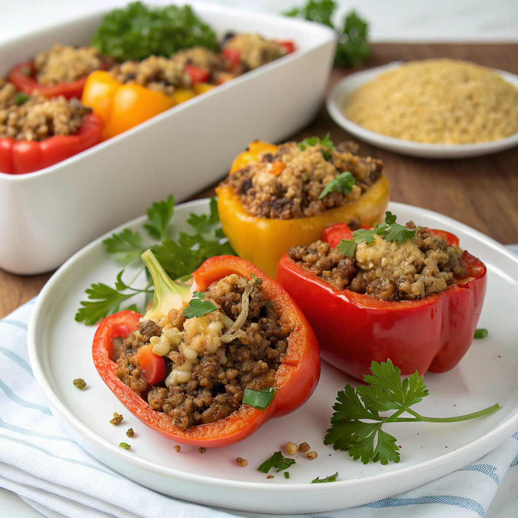 Stuffed bell peppers filled with lean ground beef, quinoa, and tomatoes, illustrating healthy ground beef recipes.
