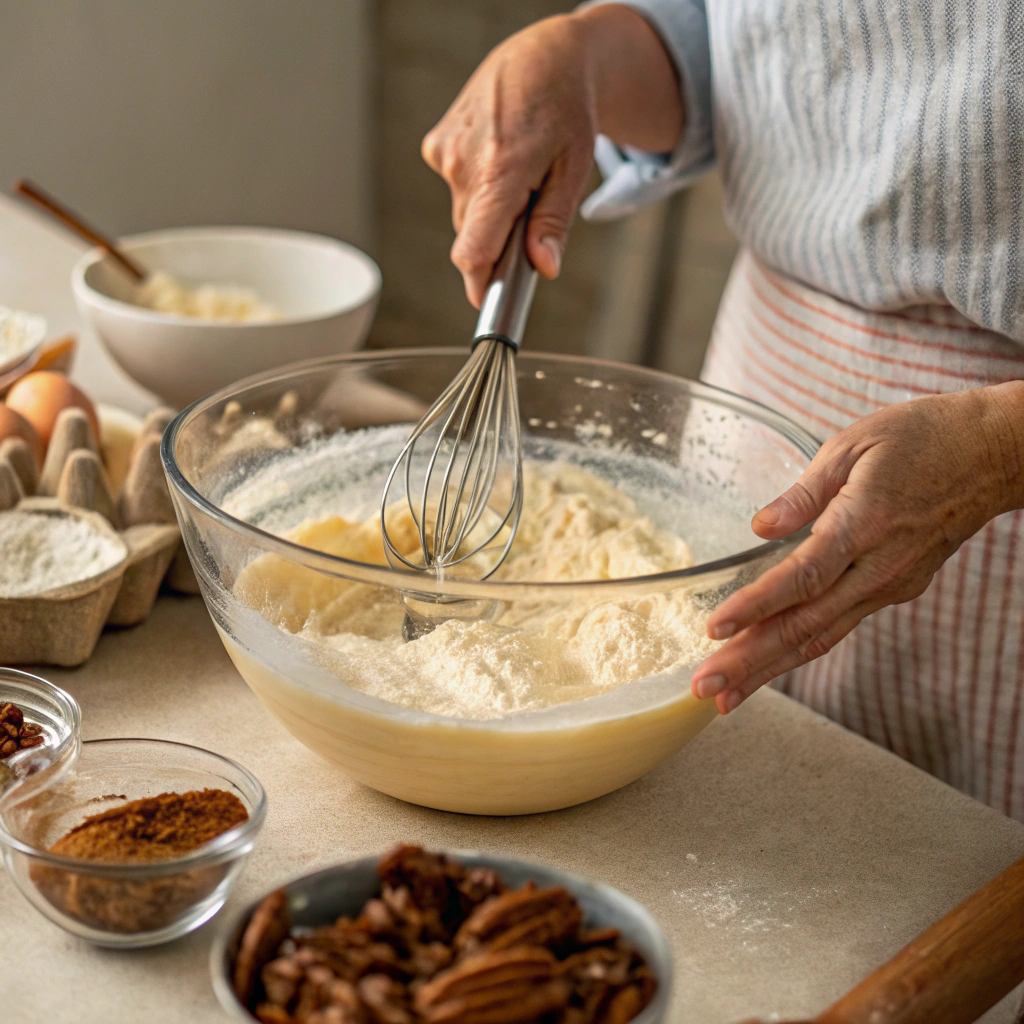 Mixing batter for butter pecan cake in a mixing bowl
