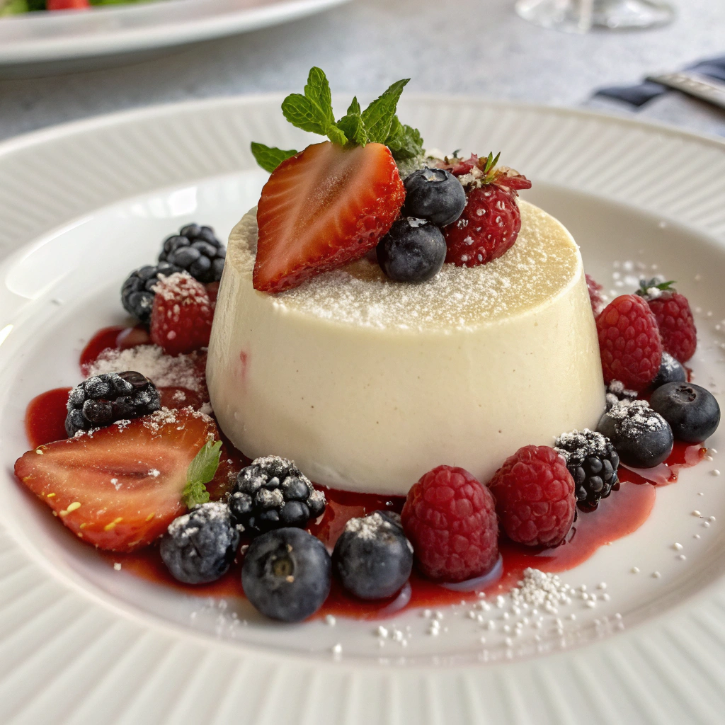Vegan vanilla panna cotta served with fresh berries,silky creamy spoon desserts.