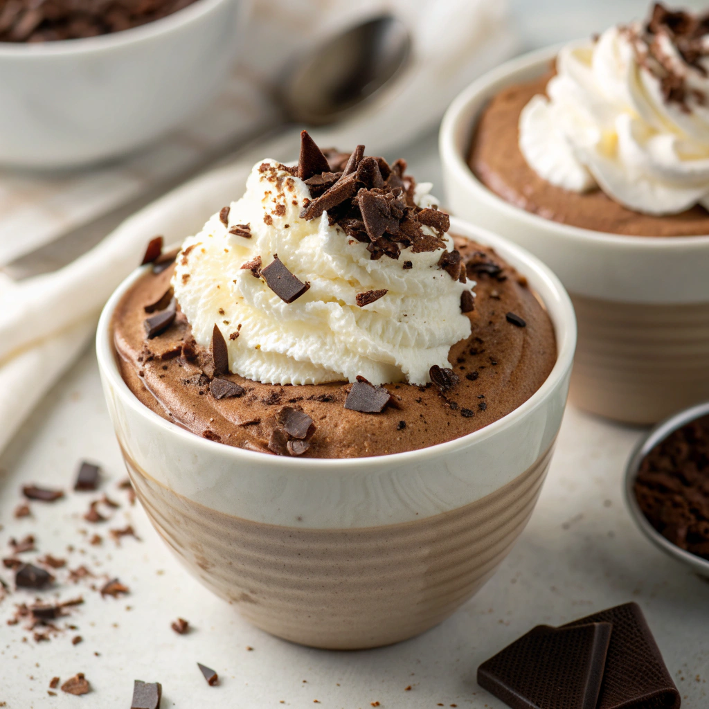 Classic chocolate mousse topped with whipped cream and chocolate shavings, a rich creamy spoon desserts.