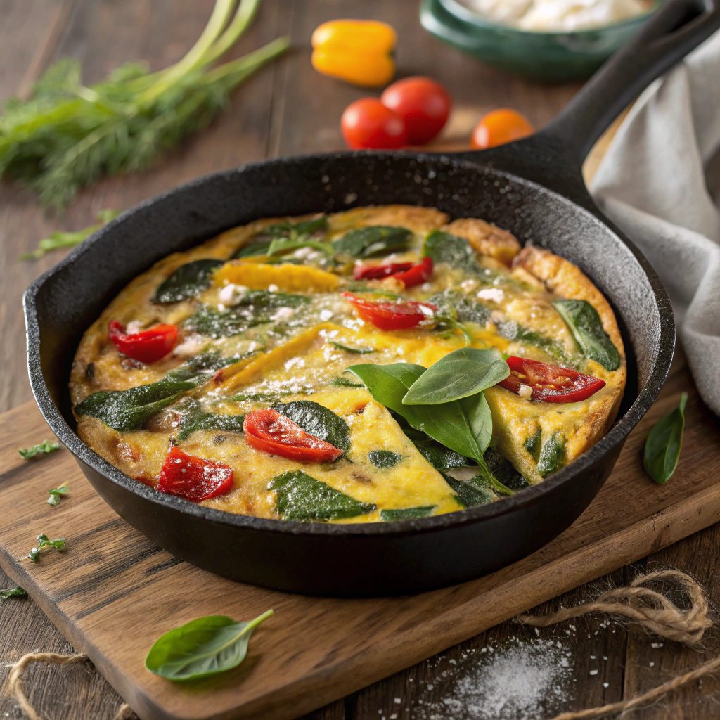 Vegan and Gluten-Free Vegetable Frittata served in a skillet.For Mother’s Day Brunch
